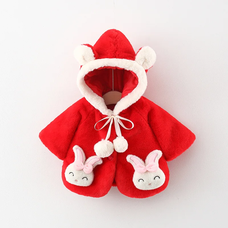 Winter New Pattern Infant Plush Coat Lamb Decorative Wool Ball Girl Baby Hooded Coat Cute Warm Girl Children\'S Clothes