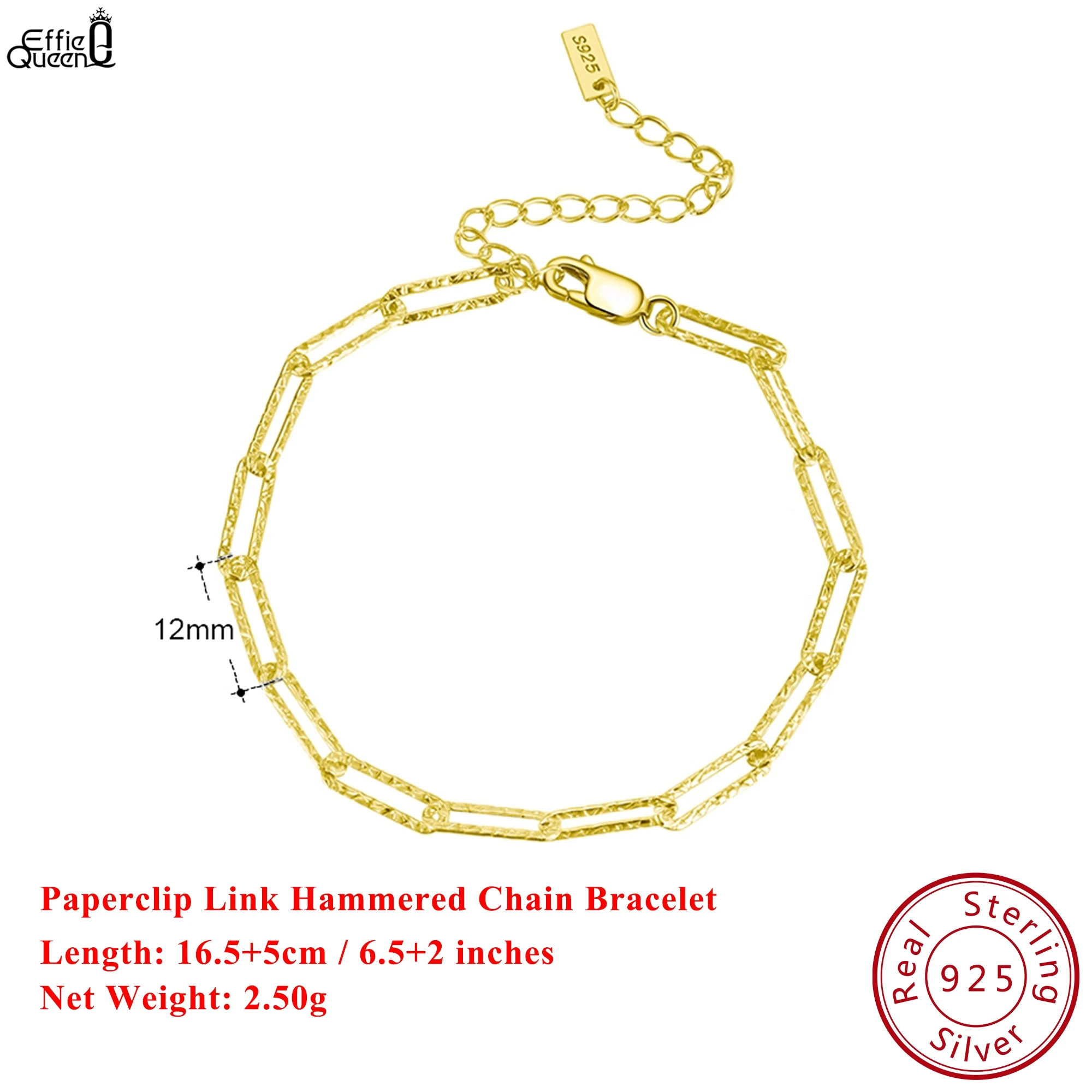 

EFFIE QUEEN S925 Silver 14k Gold Paperclip Chain Bracelet Basic Hand Chain Simple Jewelry for Men, Women Banquet Party SB120