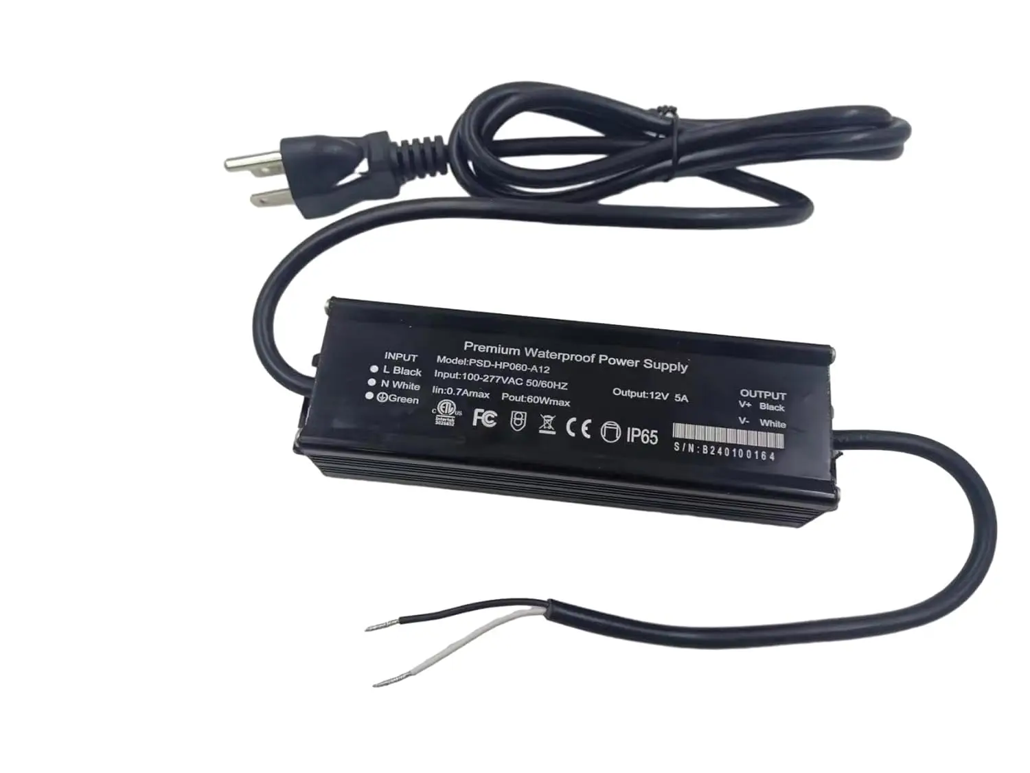 60W LED Driver ETL Listed Transformer Waterproof IP65 Power Supply 100-277V AC to 12V DC Low Voltage Adapter for Outdoor Use