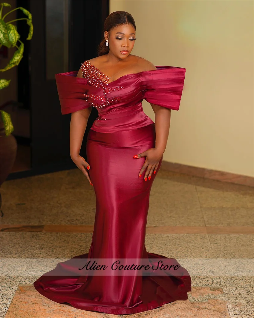 Vestidos de Noche personalizados de talla grande color Burdeos, vestidos elegantes de graduación con cristales, vestidos de fiesta de compromiso con cuentas de sirena Aso Ebi