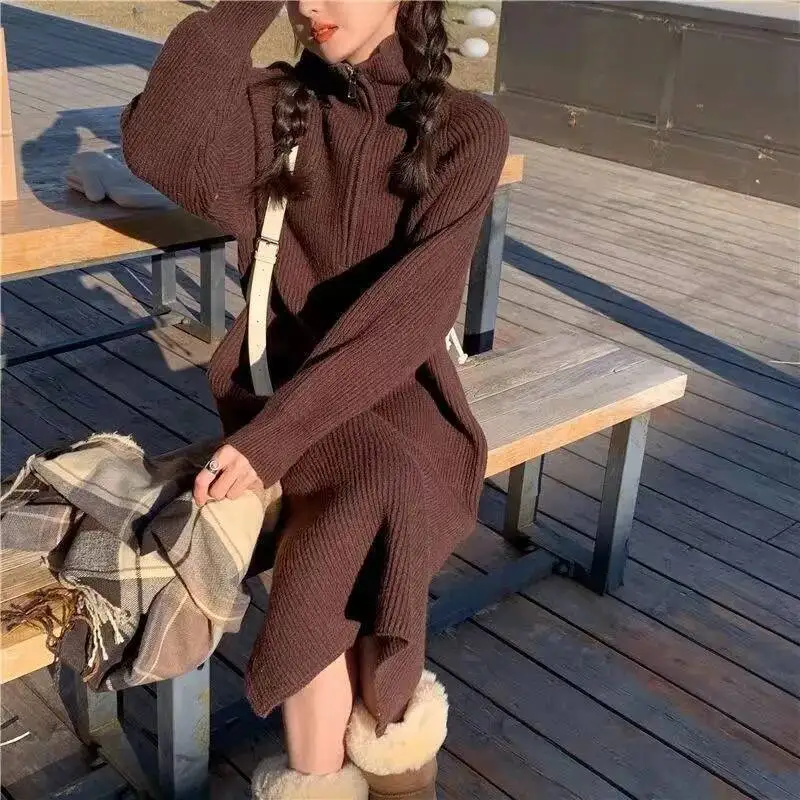 Women's Knitting Dress 2026 Spring Turtleneck Knit Dress Zip Up Thickened Mid Length Over Knee Loose Inner Wear