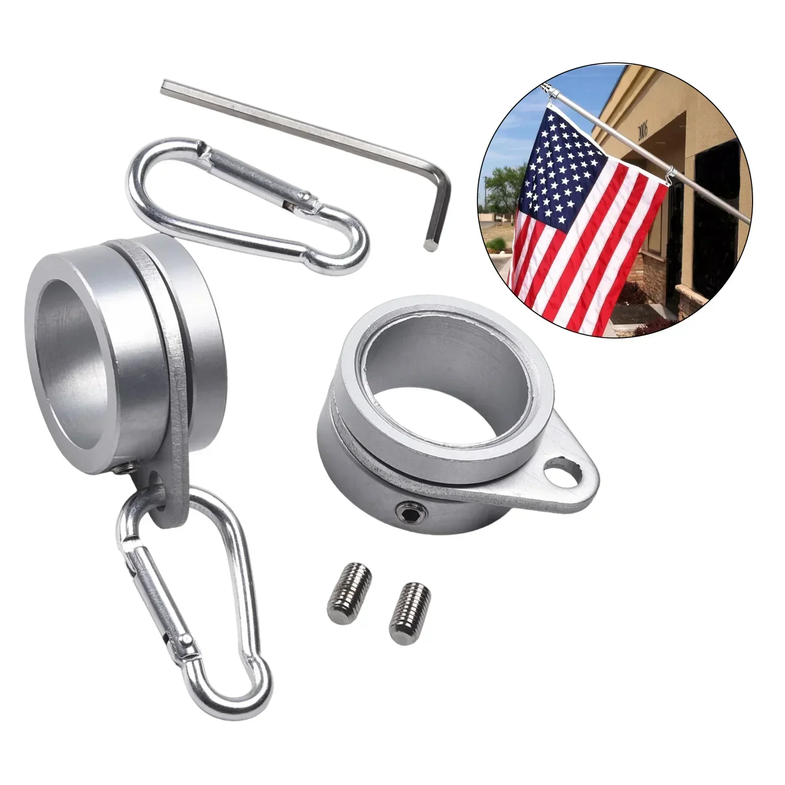 2pcs Aluminum Alloy Flag Pole Rings Flagpole Flag Mounting Rings  With Carabiners AntiWrap For 0.75-1 In Pole For 360° Rotating