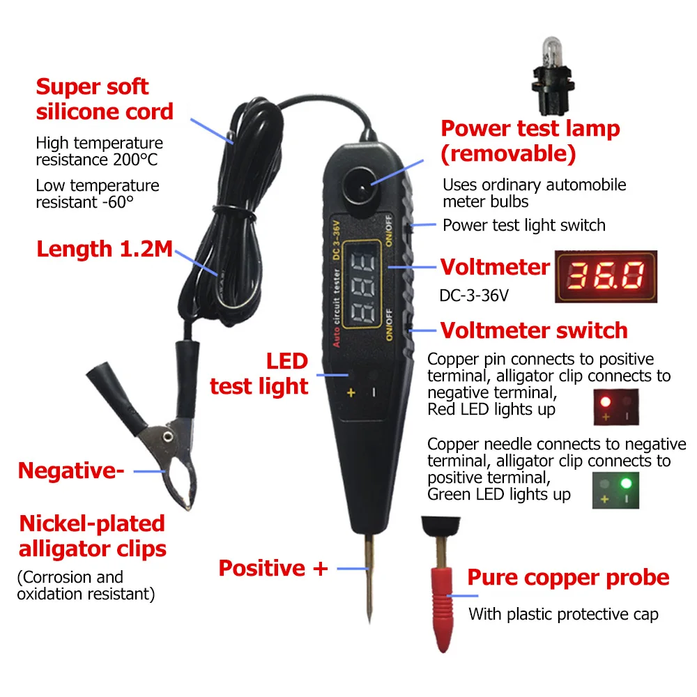 DC 0-36V Automatyczny tester obwodów Czujnik impulsów pojazdu Sygnał LED Testowanie światła Pióro Sonda Samochodowy woltomierz Narzędzie