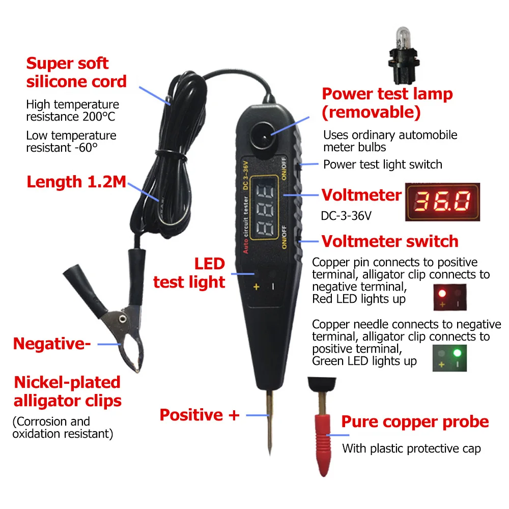Imagem -04 - Veículo Sensor de Pulso Sinal Led Light Testing Pen Probe Carro Poder Voltímetro Auto Circuito Tester Ferramenta de Diagnóstico dc 036v