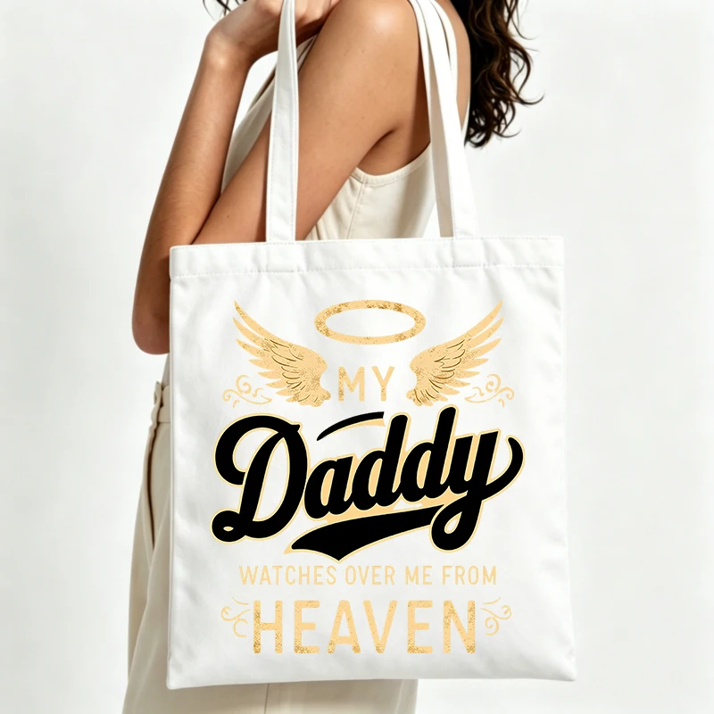 Sac fourre-tout en toile avec motif ailes d'ange et halo, imprimé avec typographie, idéal pour un usage quotidien décontracté et pour des sorties signifiantuses