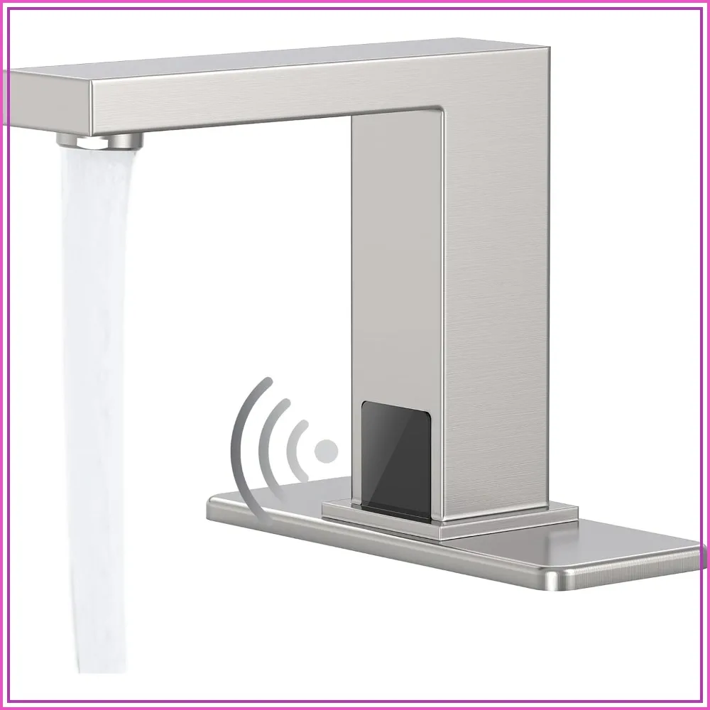 

Touchless Bathroom Sink Faucet, Commercial Automatic Motion Sensor Faucet with Hole Cover Plate, Temperature Mixer, Battery or Plug-in Powered, Brushed Nickel