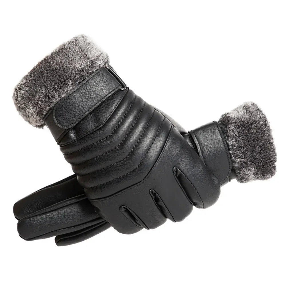 

Gloves Winter MEN'S Fur Mouth Plush Insulation Gloves Outdoor Cycling Motorcycle PU Touch Screen Cotton Gloves