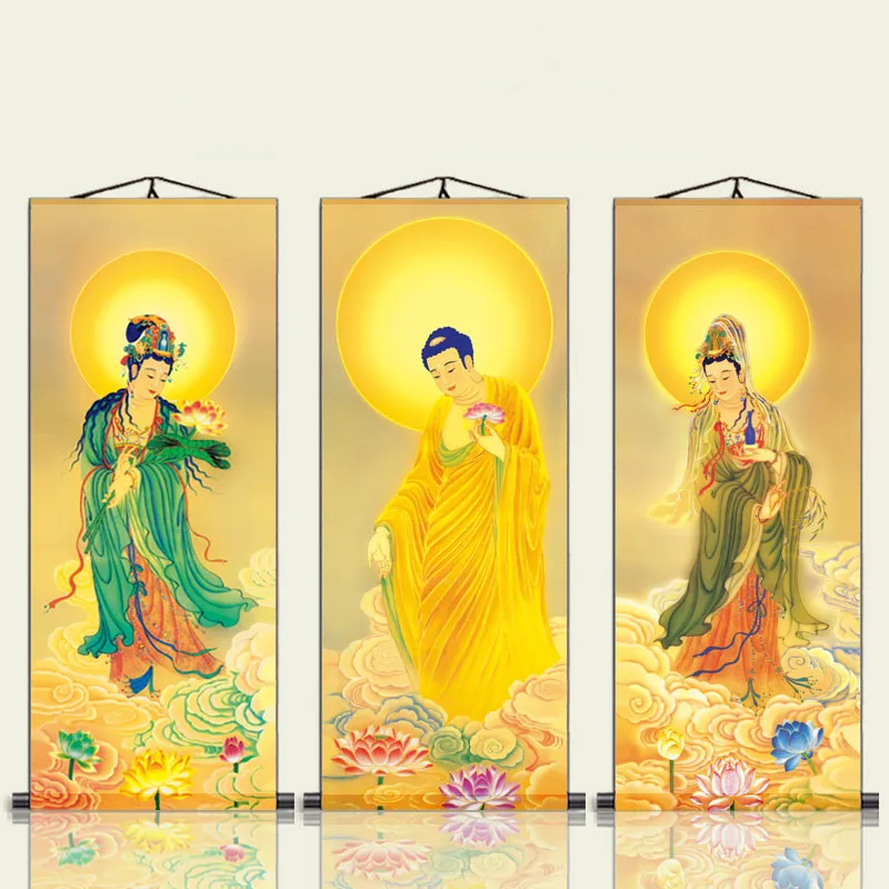 Portraits of the three saints in the west, hanging paintings of Buddha statues,  Exquisite silk scroll hanging picture