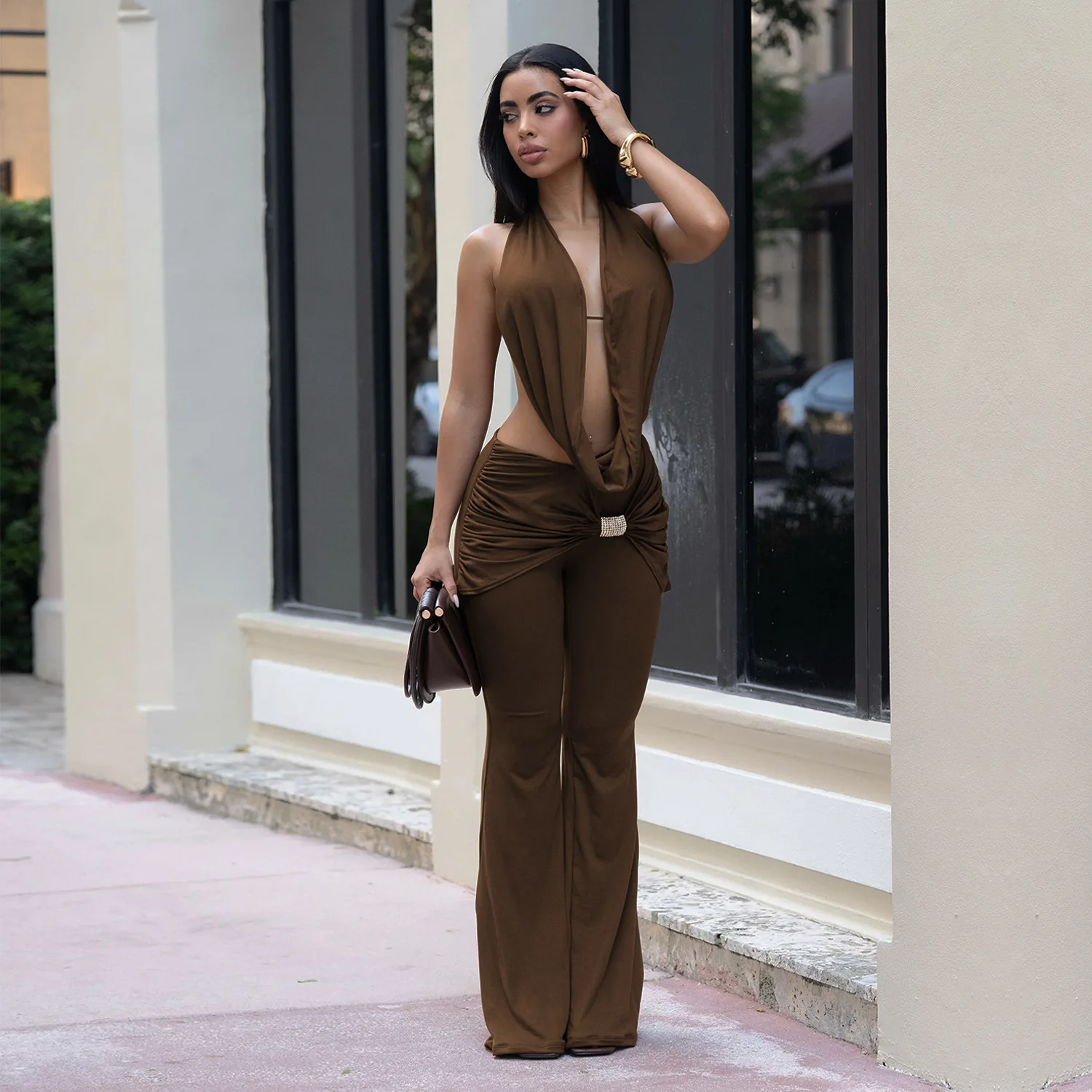 

Y2K Clothing Club Party Birthday Outfits 2 Pieces pant Set for Woman Halter Lace-up Backless Top and Flare Pants Matching Sets