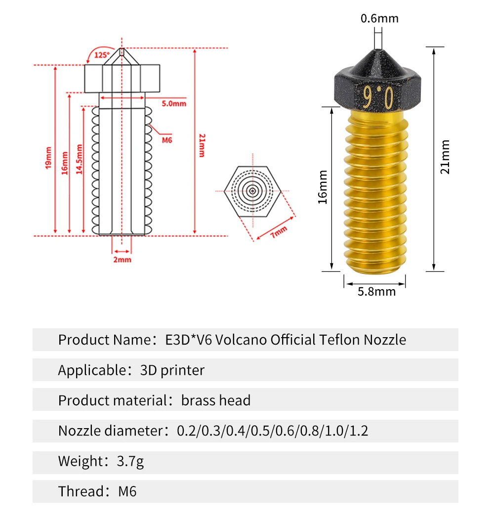 E3D Volcano Düse Hartstahl Messing PTFE plattiert 3D-Druck für Vyper Artillery Sidewinder X1&X2 Genius Pro Hotend – Detail 13