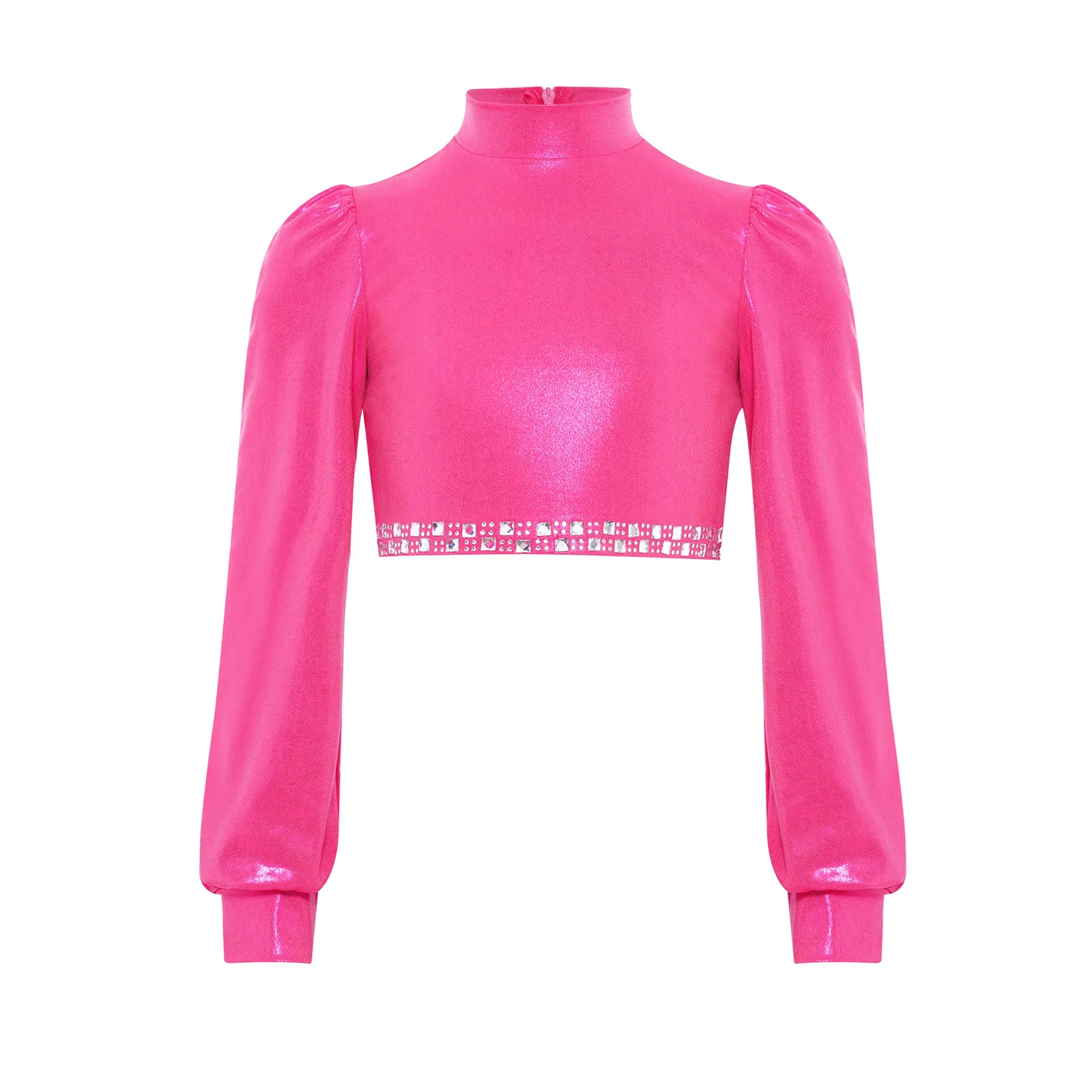 

Kids Girls Jazz Dance Crop Top Ballet Performance Costume Mock Neck Long Sleeves Zipper Back Shiny Rhinestones Metallic Shirts