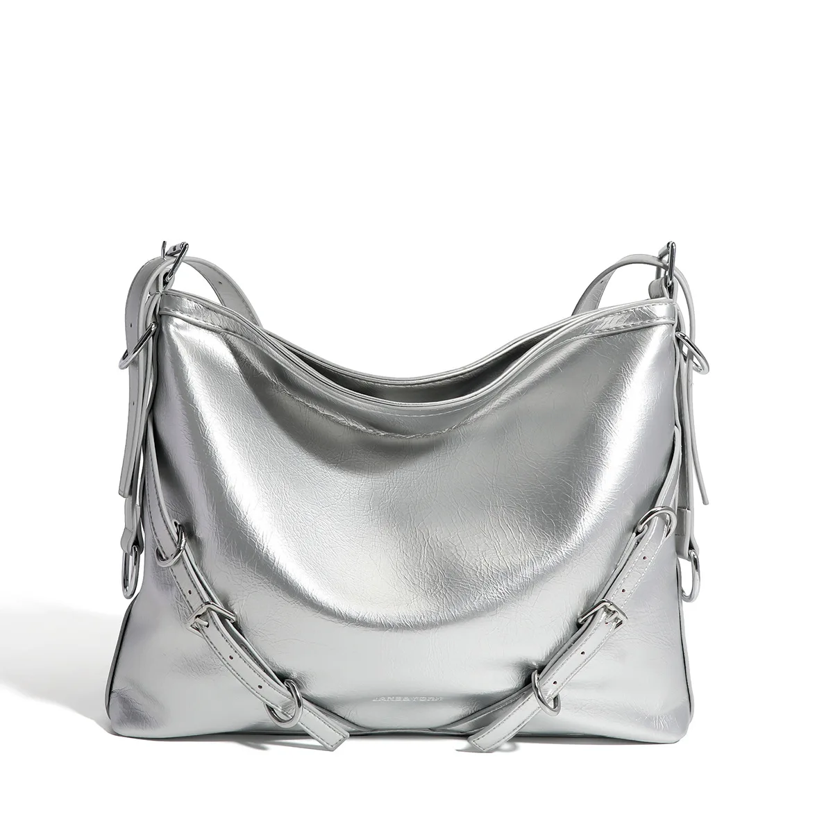 Popular Metallic Silver Hobo Bag for Women Leisure Design Brand Leather Shoulder Bag with Buckle Decoration Ladies Handbag