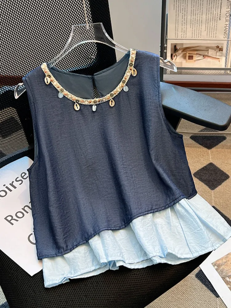   Kolorowa kamizelka na ramiączkach damska letnia bielizna wewnętrzna i na zewnątrz, imitacja dwuczęściowego stroju, łączona, ażurowa, wyszczuplająca, krótki top.