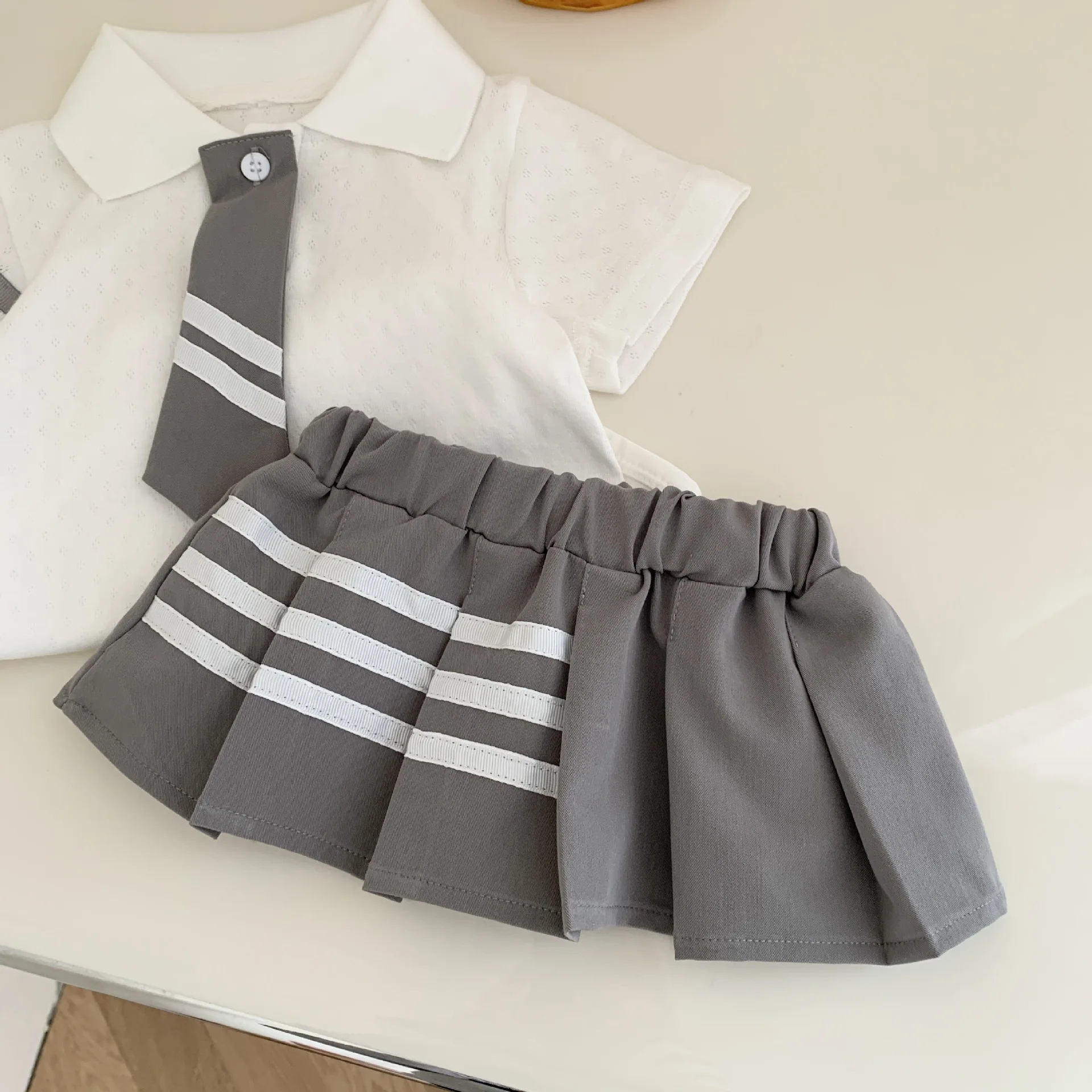 2024 Summer Sibling Look Clothes Set Cotton College Style Turn Down Collar Short Sleeve Jumpsuit Elastic Waist Pleated Skirt Set