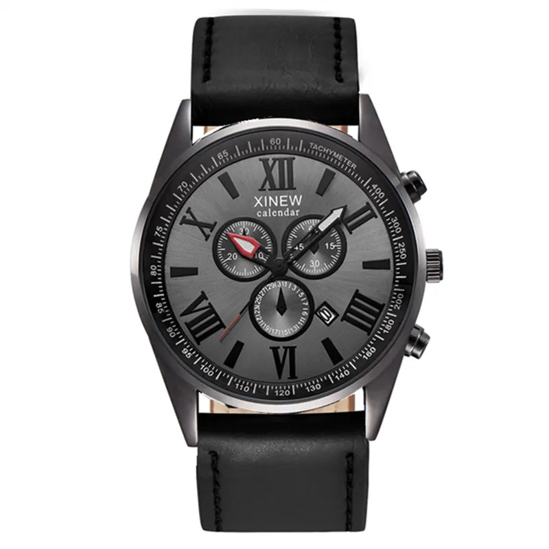 1 unid/lote, relojes de marca XINEW para hombres, correa de cuero de moda para estudiantes, regalos, reloj de cuarzo con fecha, reloj negro para hombre, reloj Masculino