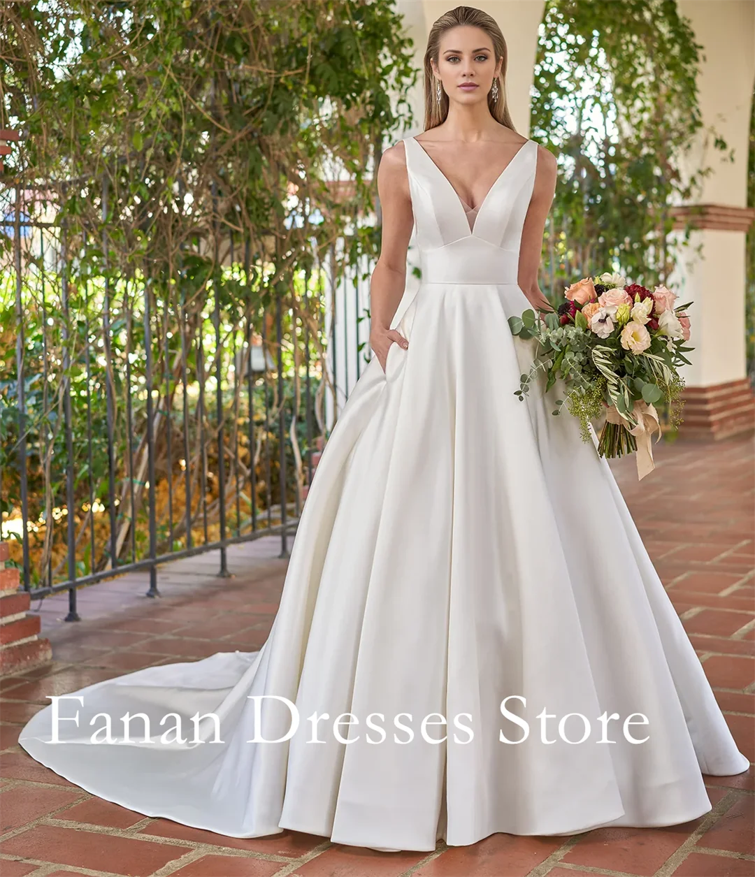 FANAN Deep V-Neck Satin Bride Dresses with Side Pocket A-Line Sleeveless Backless Wedding Dresses 웨딩드레스 Ivory Customized