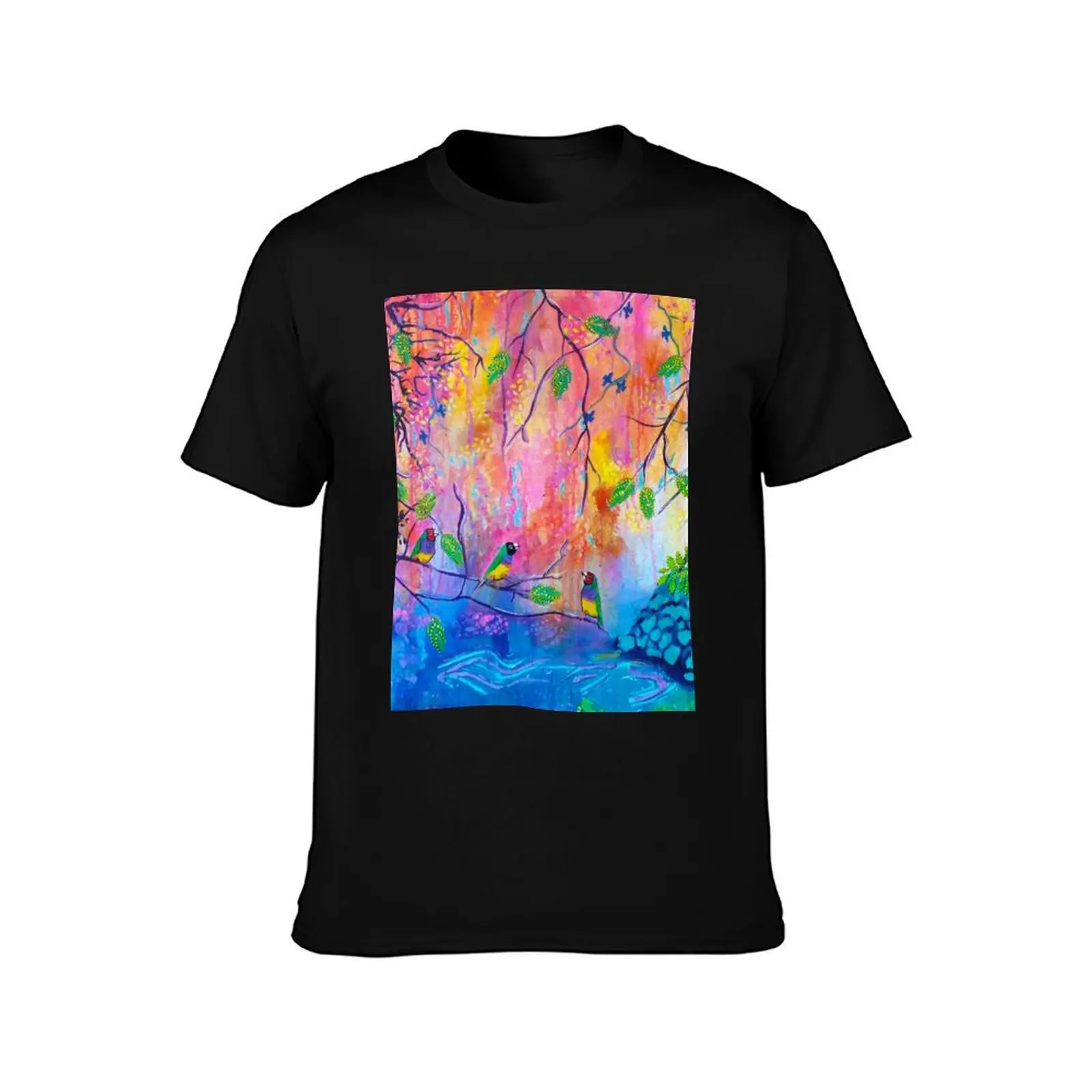Gouldian Finches Colourful Creekside T-Shirt Big Size Short Sleeve Casual Top T-Shirt