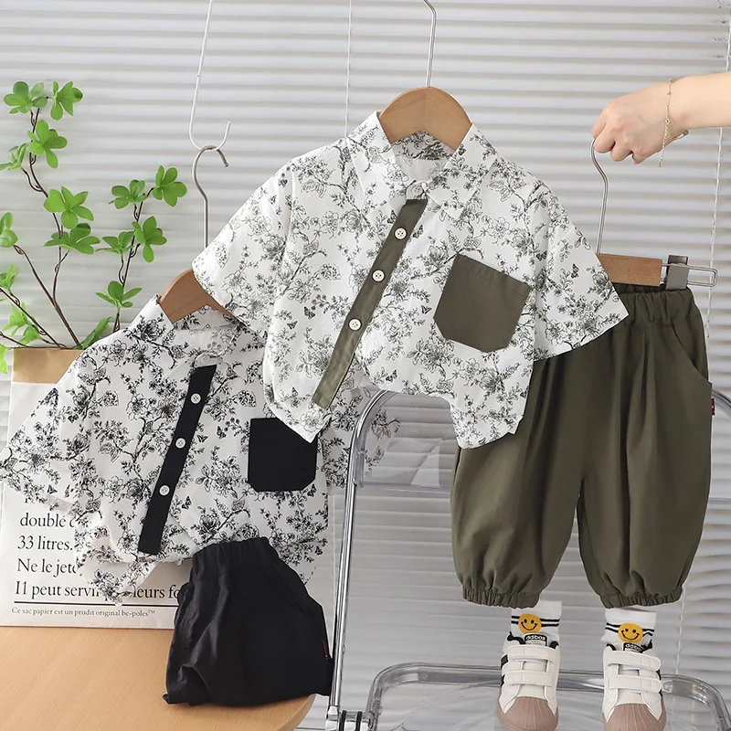 

Floral Kids Clothing For Boy Children's Two Pieces Sets Black Green Fashion Shirts And Pants Print Child Suit 1 2 3 4 5 6 Years