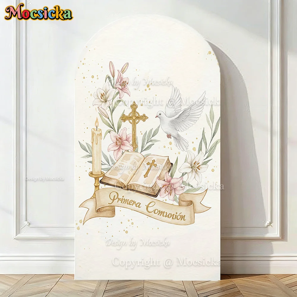 Mocsicka Primera Comunion Arch Cover Backdrop Cross Dove Bible Floral Chiara Wall Background First Communion Baptism Party Photo