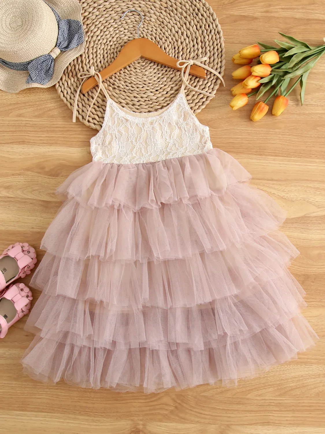 Girls wedding dress little princess birthday party gown lace sling tutu dresses children vintage floral cloths