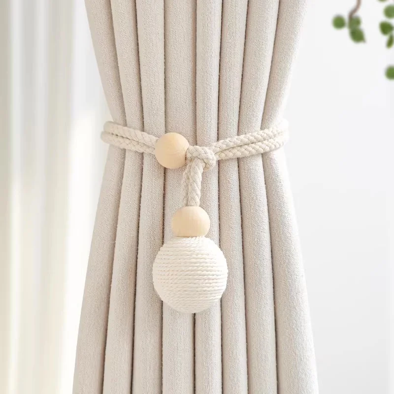 2Pcs Handmade Cotton Rope Curtain Tieback with Natural Wooden Bead & Knotted Ball Curtain Strap for Curtain Organization
