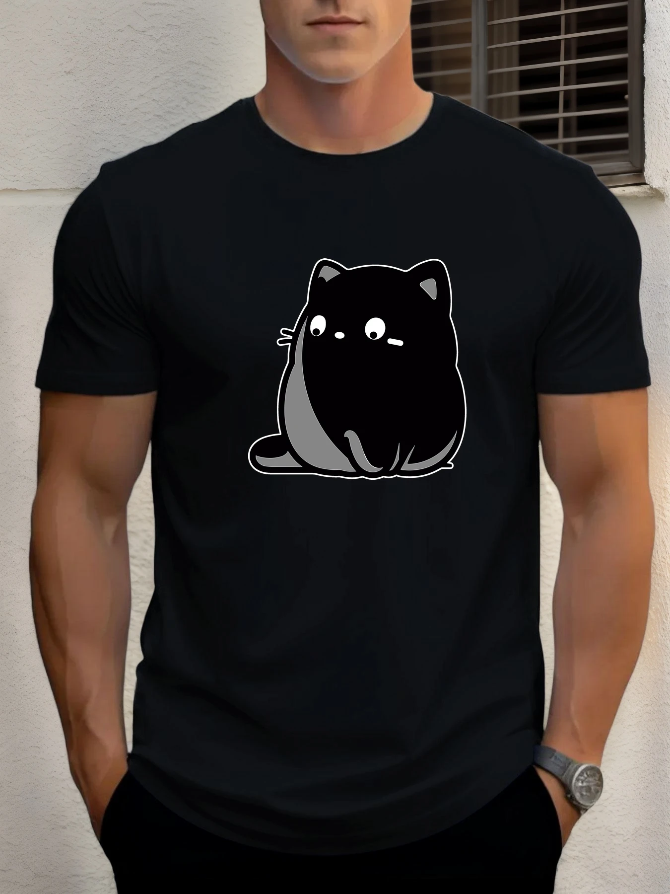 

T Shirts For Men Black Cat 100% Cotton Graphic Printing Summer Round Neck T-Shirt Casual Breathable Street Style Daily Top
