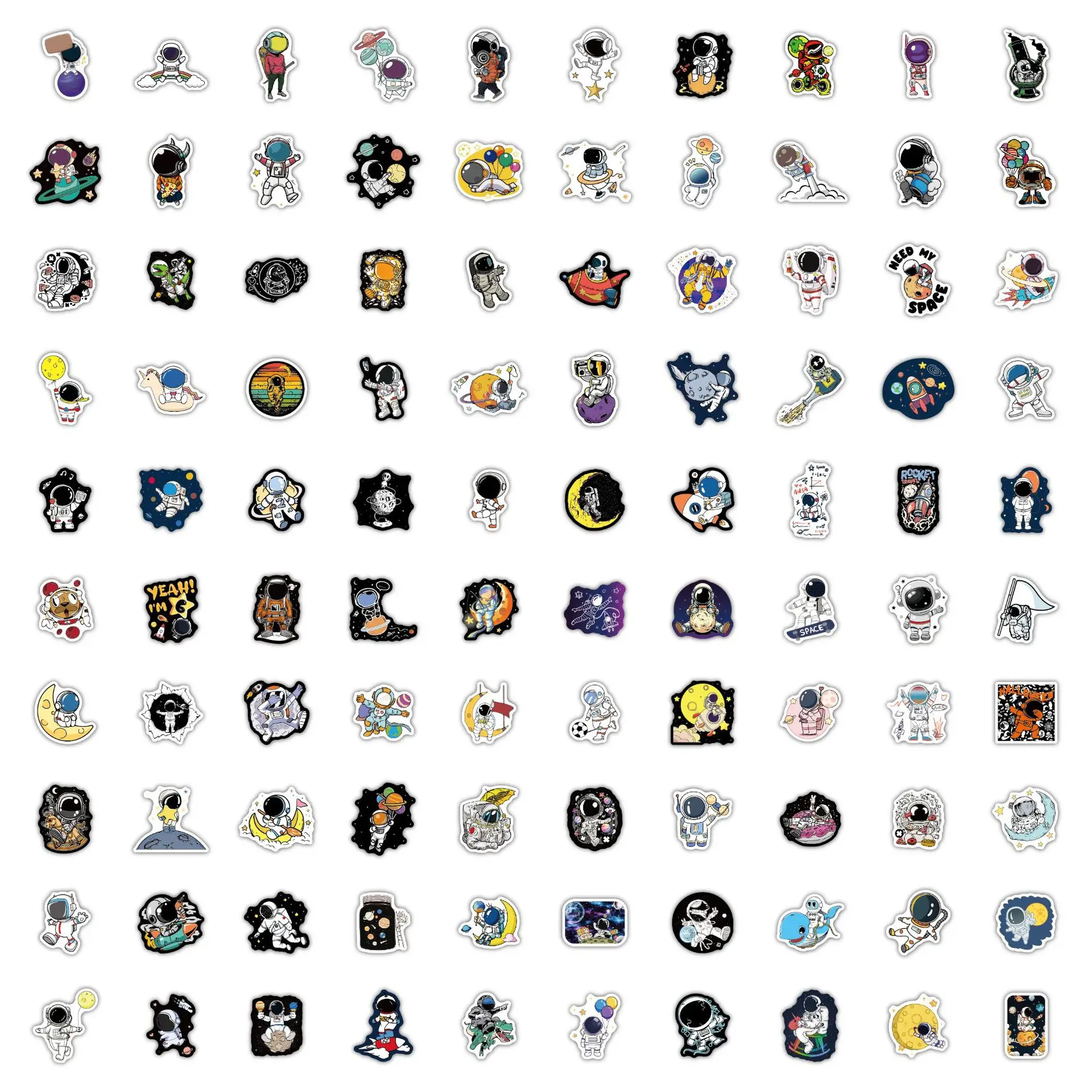 

100Pcs Laser Astronaut Stickers Cartoon Space Moon Planets Waterproof Vinyl Decals for Laptop Skateboard Suitcase Graffiti