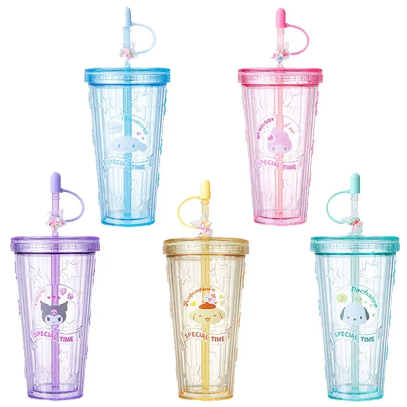 Anime Cartoon Saniroed Series Plastic Straw Cup Kawaii My Melody Cinnamoroll Kuromi Pochacco Cute Portable Water Cup Kids Gift