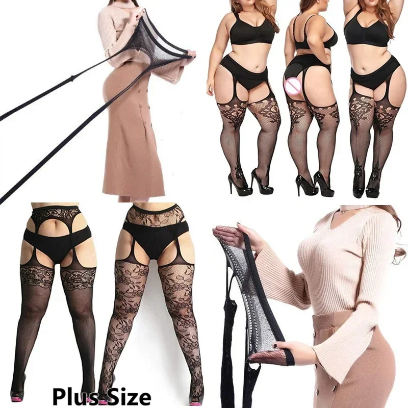 Plus Size Thigh High Tights Open Crotchless Pantyhose Oversized Stockings Black Fishnet Panty Socks Belt for Women Lingerie Sexy