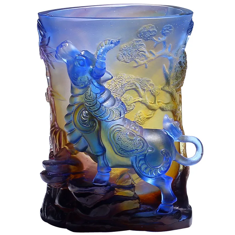 Decent Colored Glaze Ox Statue Pen Holder Desk Organizer Zodiac Features Crystal Fengshui Home Decor Office Lucky Bull Figurine
