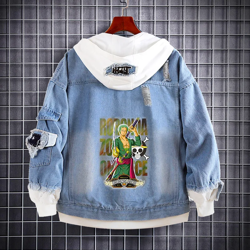 Veste en jean de dessin animé pour hommes et femmes, One Piece, Luffy Cartoon Sweater, Sauron Zantwo-dimensionnal, Spring and Autumn Jacket