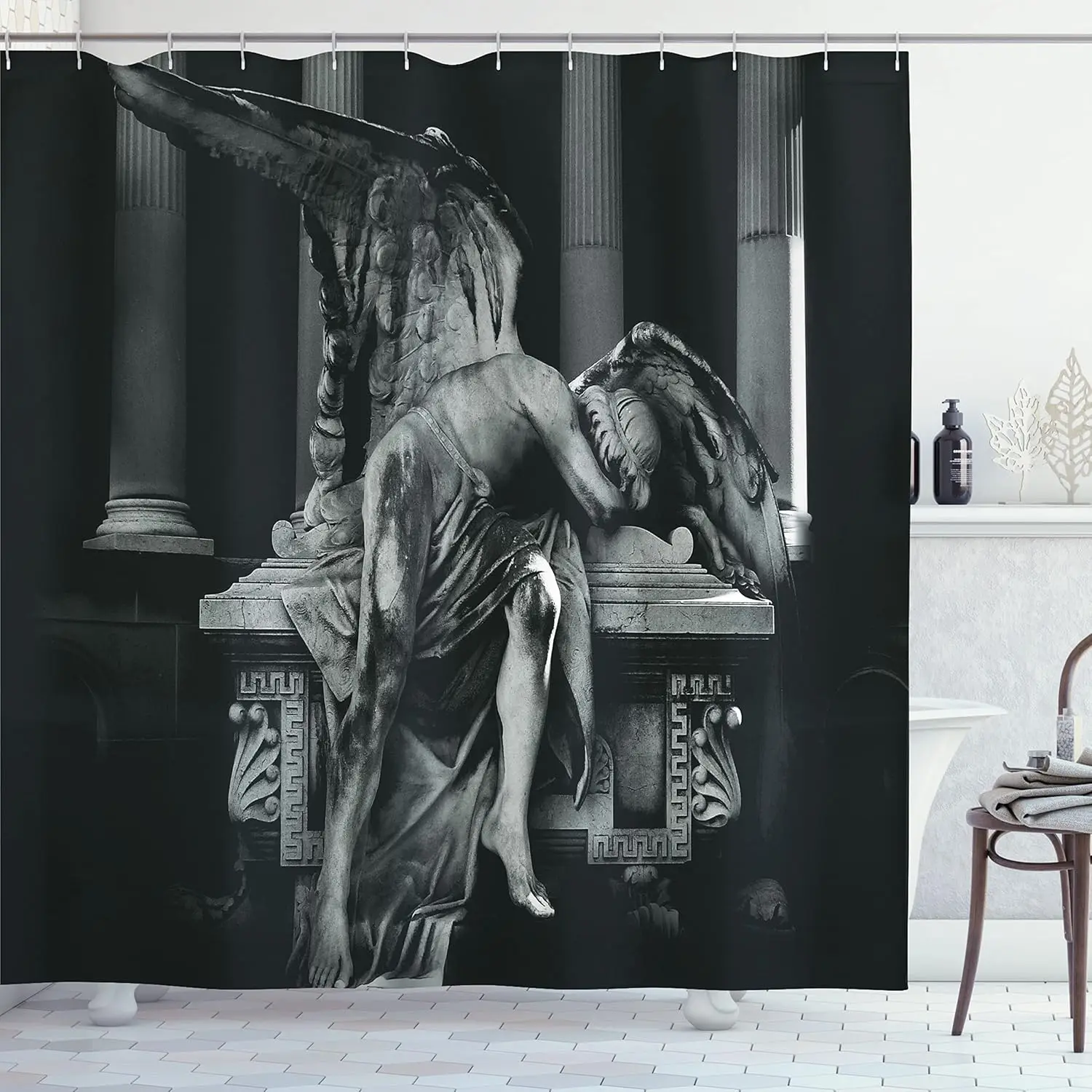 

Готическая занавеска для душа с крючками, черно-белая статуя ангела с крыльями, классические колонны, мистическое греческое искусство, черно-серый ретро-декор