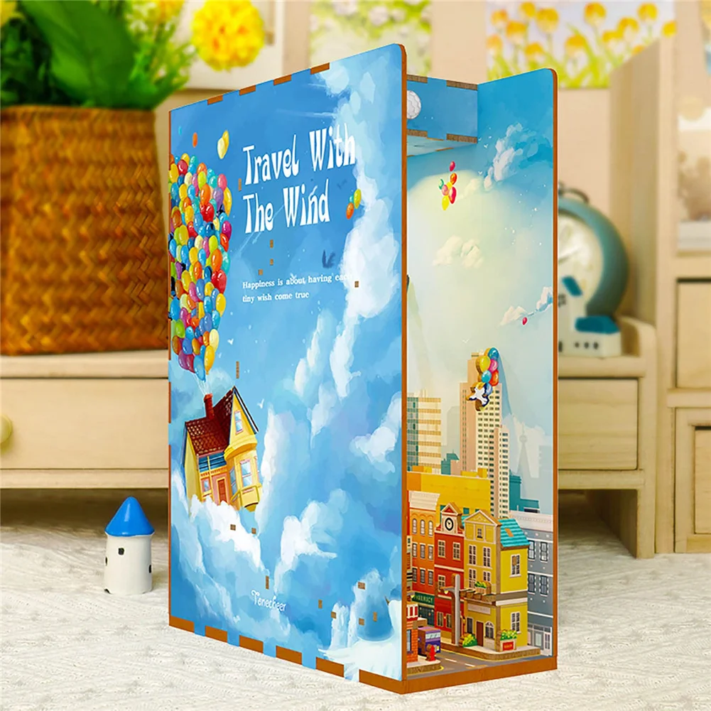 DIY Booknook 3D Wooden Book Nook Puzzle with LED Shelf Insert Kits Miniature Travel with The Wind Bookends DollHouses Toys Gifts