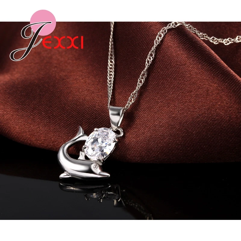Fast Shipping Pretty CZ Cubic Zirconia Jewelry Set 925 Sterling Silver Romantic Dolphin Pendant Necklace & Earrings Set