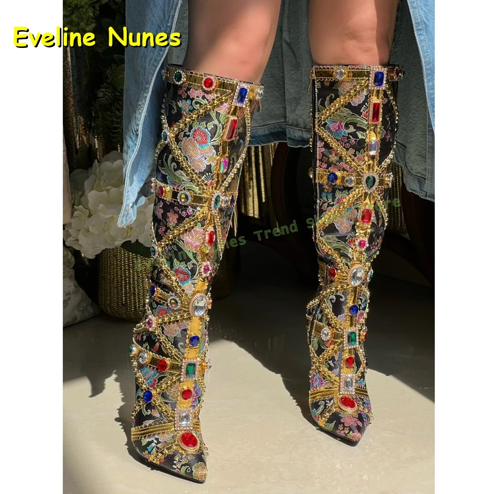

Luxury Colourful Gem Fashion Boots Pointed Toe Stiletto Zipper Closure Patchwork Women Knee High Boots Embroidery Sexy 2025 Shoe