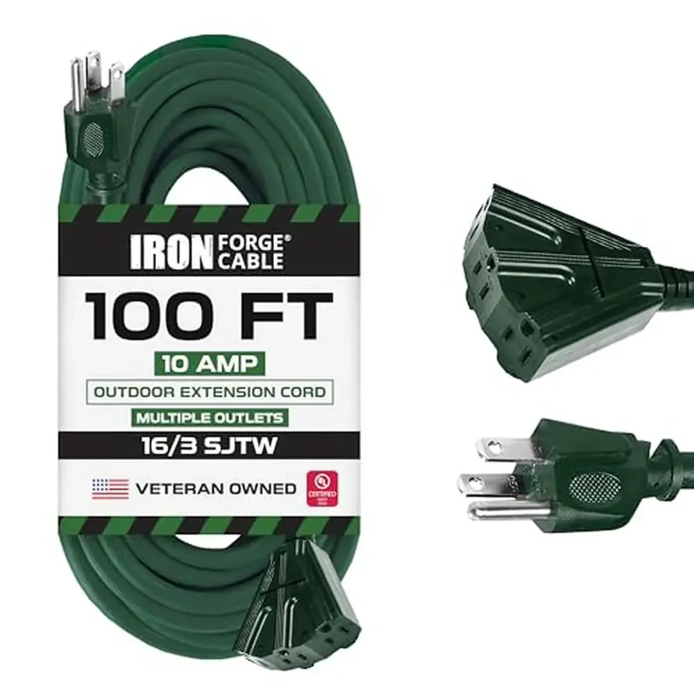 100 Ft Outdoor Weatherproof Green Extension Cord with 3 Outlets Heavy Duty 16/3 AWG UL Certified Long Extension Cord Ideal