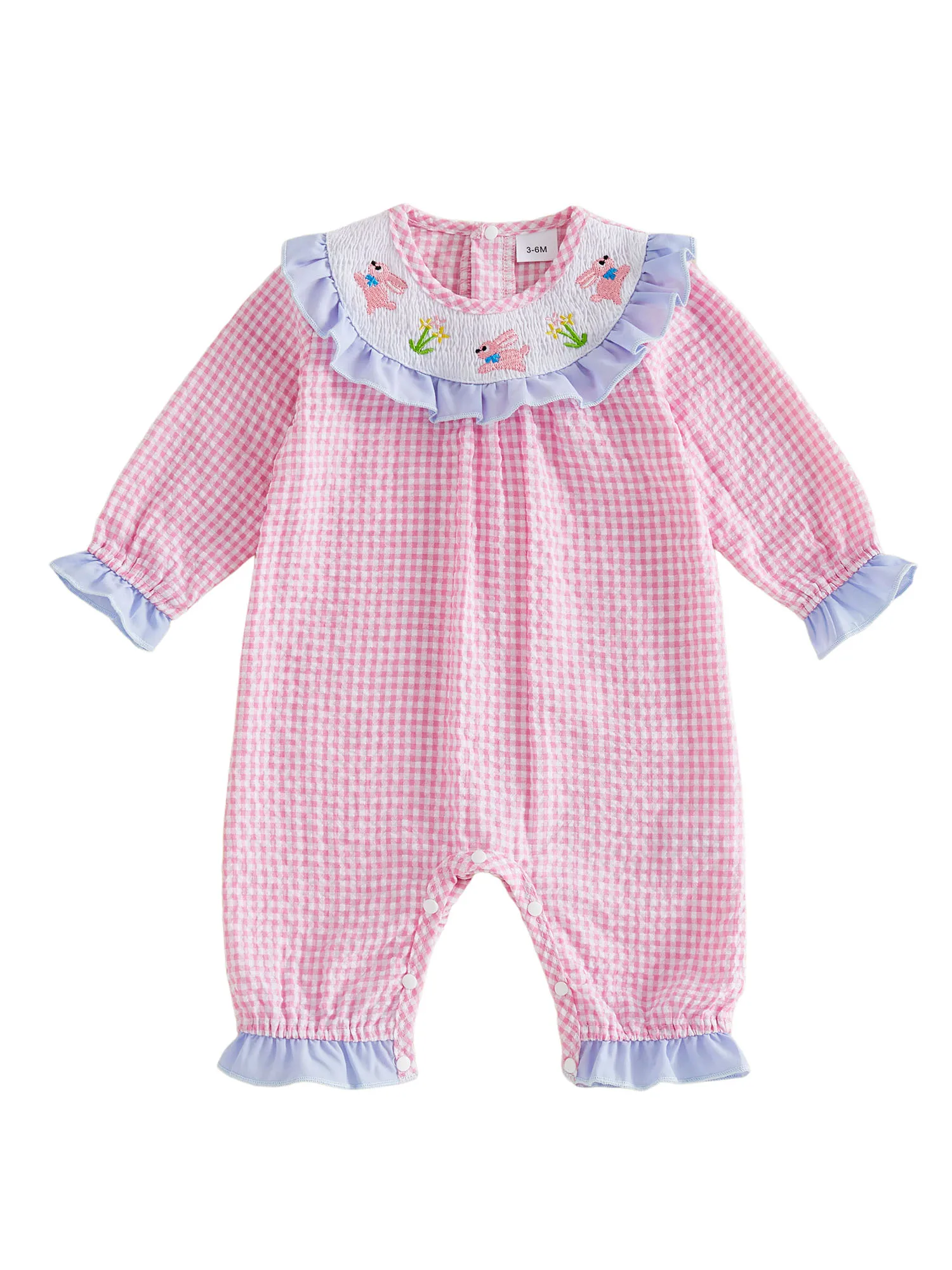 

Toddler Easter Bunny Print Romper with Ruffle Trim and Bow Detail Long Sleeve Jumpsuit for Spring Summer Outfit