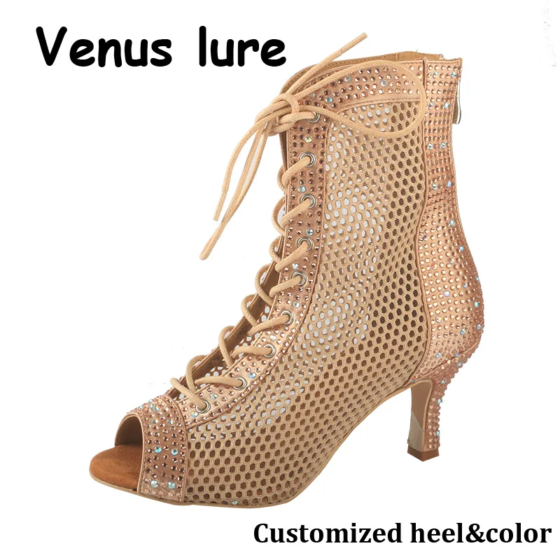 

Venus lure Customized Rubber Sole Champagne Lace-up Dance Heels Boots with Crystals Mid Heel 7.5CM Dance Shoes Boots Zip