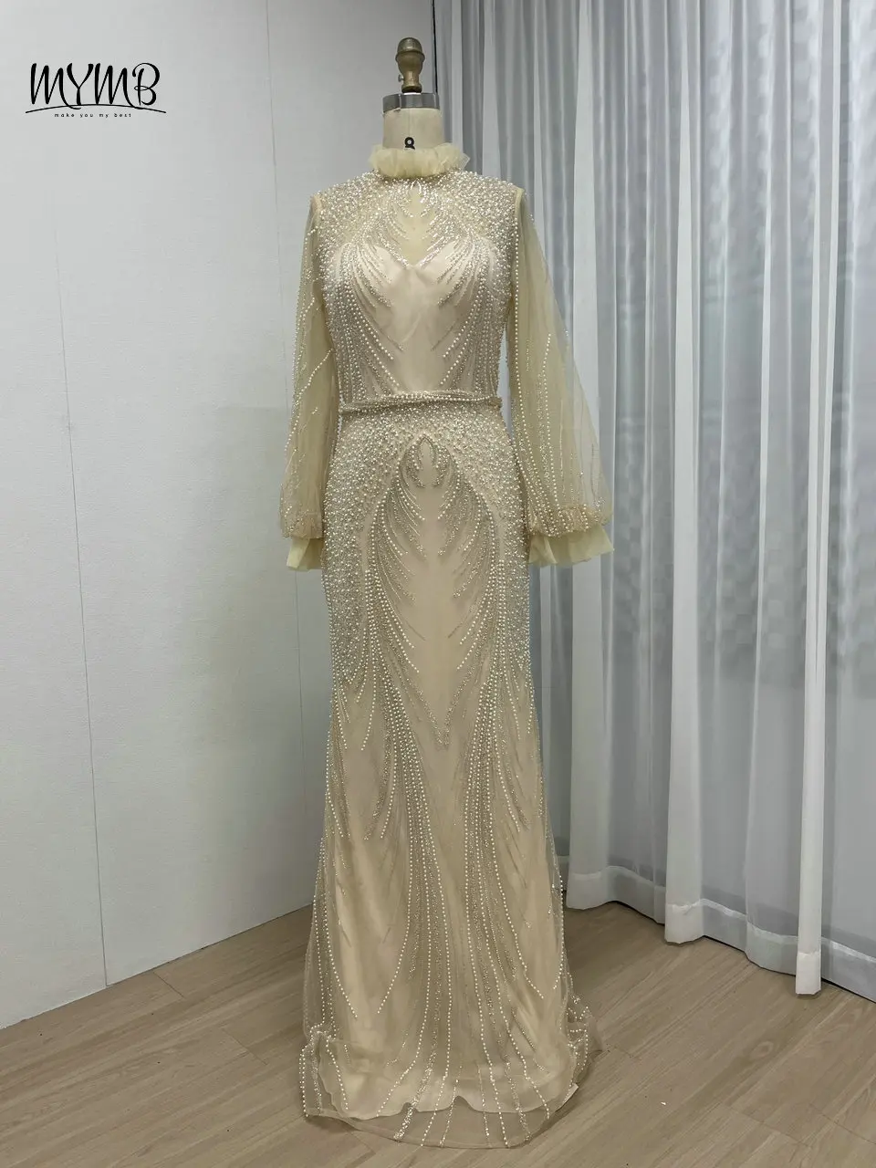 

MYMB Elegant Arabic Champagne Long Sleeves High Neck Evening Dress Gorgerous Beading Mermaid Muslim Women Wedding Patry Gowns