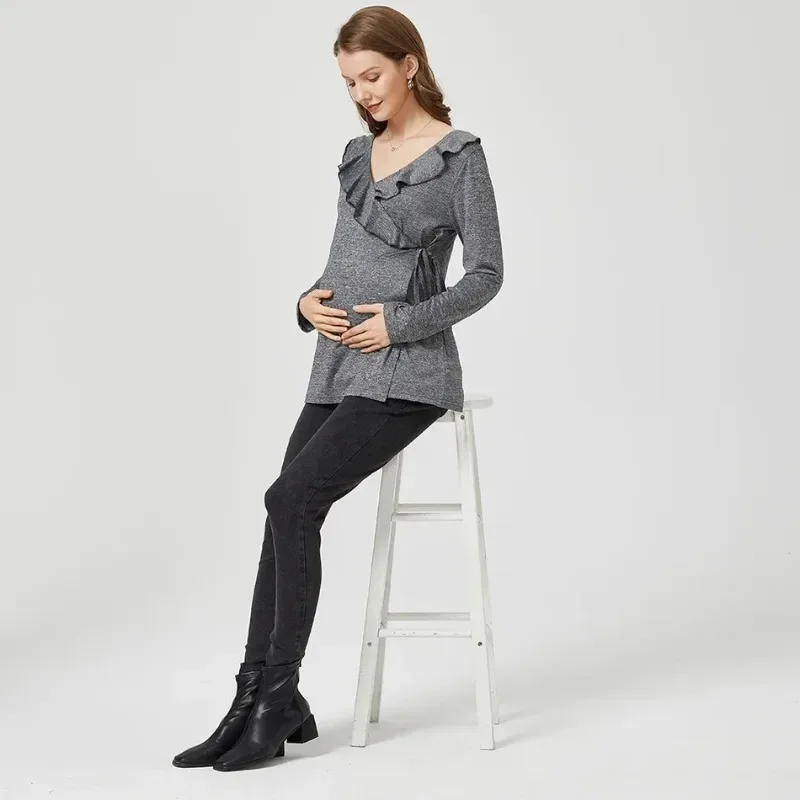 ربيع الخريف لوتس ليف نقاش حافة الخامس الرقبة طويلة الأكمام تي شيرت موضة الأوروبية الأمريكية النساء الحوامل الصلبة الرضاعة الطبيعية #4