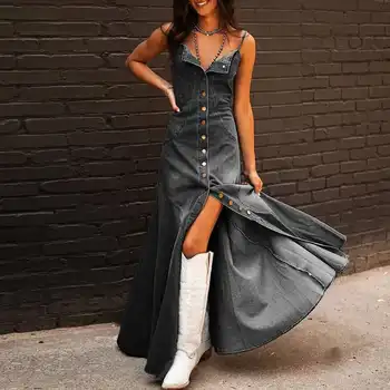 וינטג' מזדמן מוצק בד ג'ינס נשים אביב יחיד חזה פיצול ארוך קיץ ללא שרוולים רצועות קאובוי מסיבת שמלה 8 best sales שמלות דמין - №7