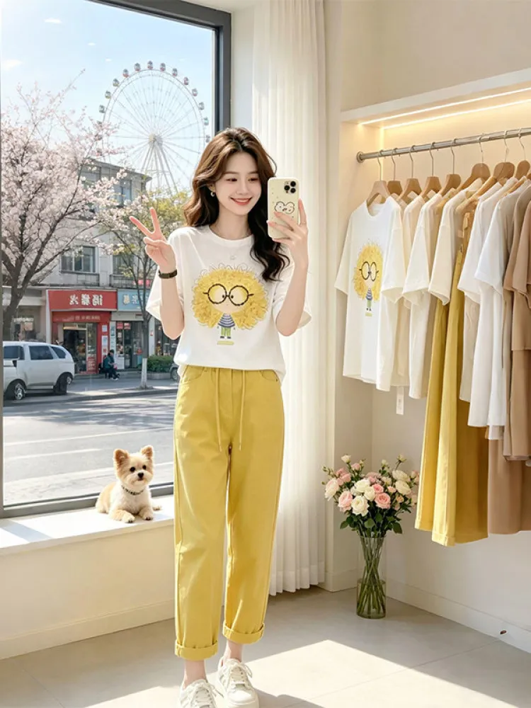

Chic Summer New Women's Fashionable Design Printed Short Sleeve T-Shirt Casual Pants Two-Piece Set Breathable Comfortable Uni...