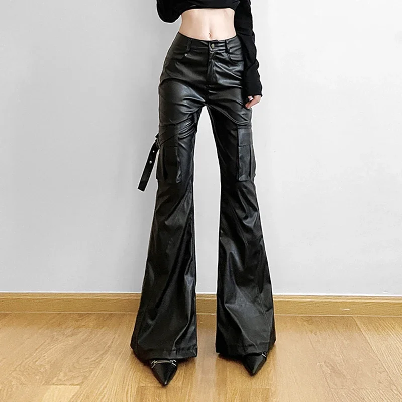 

Cuteandpsycho Y2K Leather Flare Pants Chic Streetwear Slim Floor Length Trousers Casual Aesthetic Pockets Mid Waist Bottoms