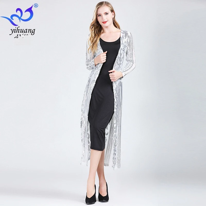 Celebrity leichte Luxus-Strickjacke mit Pailletten, langärmelige Jacke, Perlenschal, Party-Vertuschung, durchsichtige, lange Strickjacke aus Netzstoff