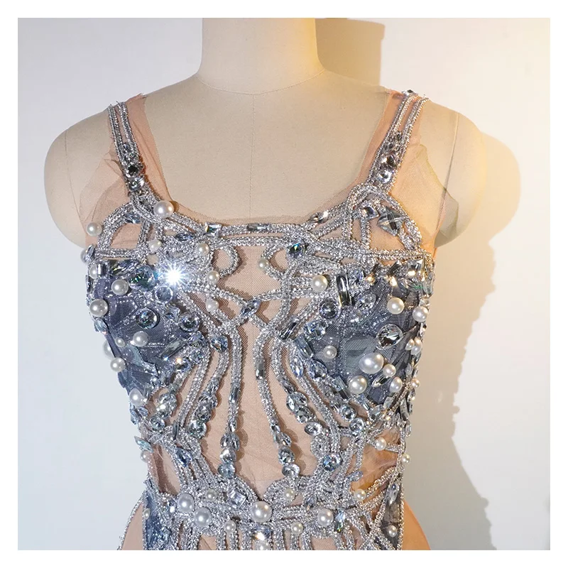 섹시한 핑크 메쉬 시스루 드레스 진주 스팽글 라인스톤 백리스 무대 가수 댄스 의상 나이트클럽 생일 짧은 드레스