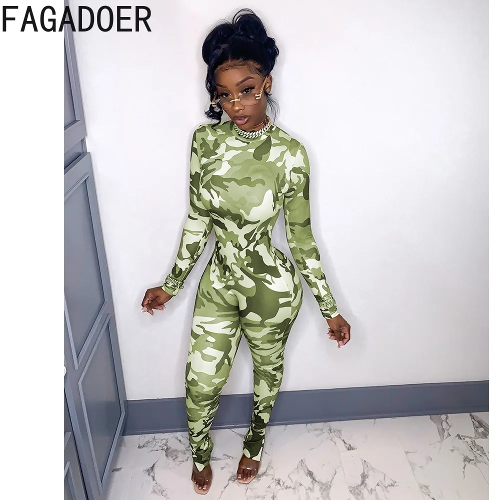 FAGADOER Casual Camouflage Printing Bodycon Jumpsuits Women Round Neck Long Sleeve Slim Playsuits Female Sporty Overalls 2024