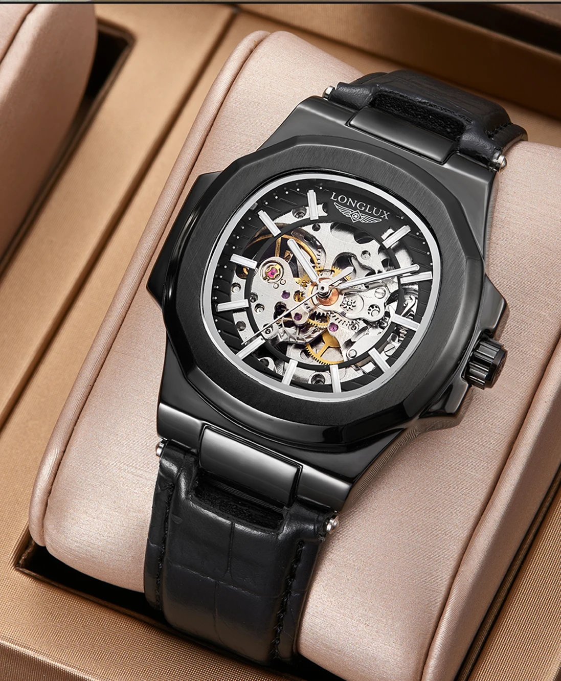 LONGLUX Automatic Mechanical Watch Outdoors Simple Luxury Watches Waterproof Cheap Wholesale Skeleton Leather Mens Watch Gift