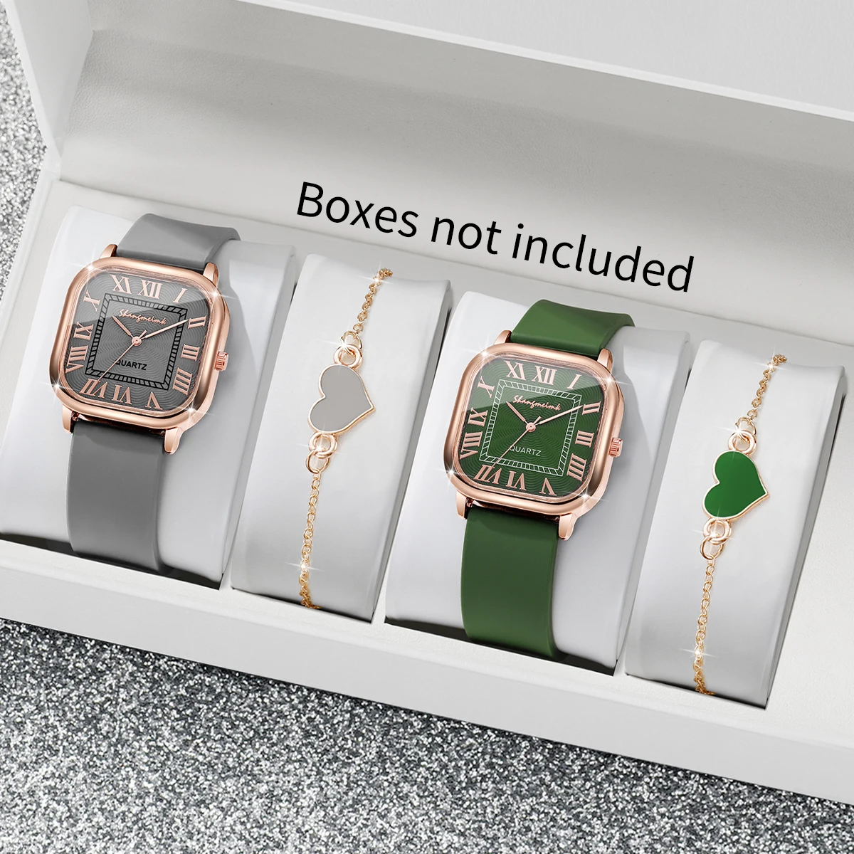 4PCS Fashion Roma Dial Women Watches Heart Bracelets Set Casual Square Silicone Strap Quartz Watch Reloj MujerWithout Box