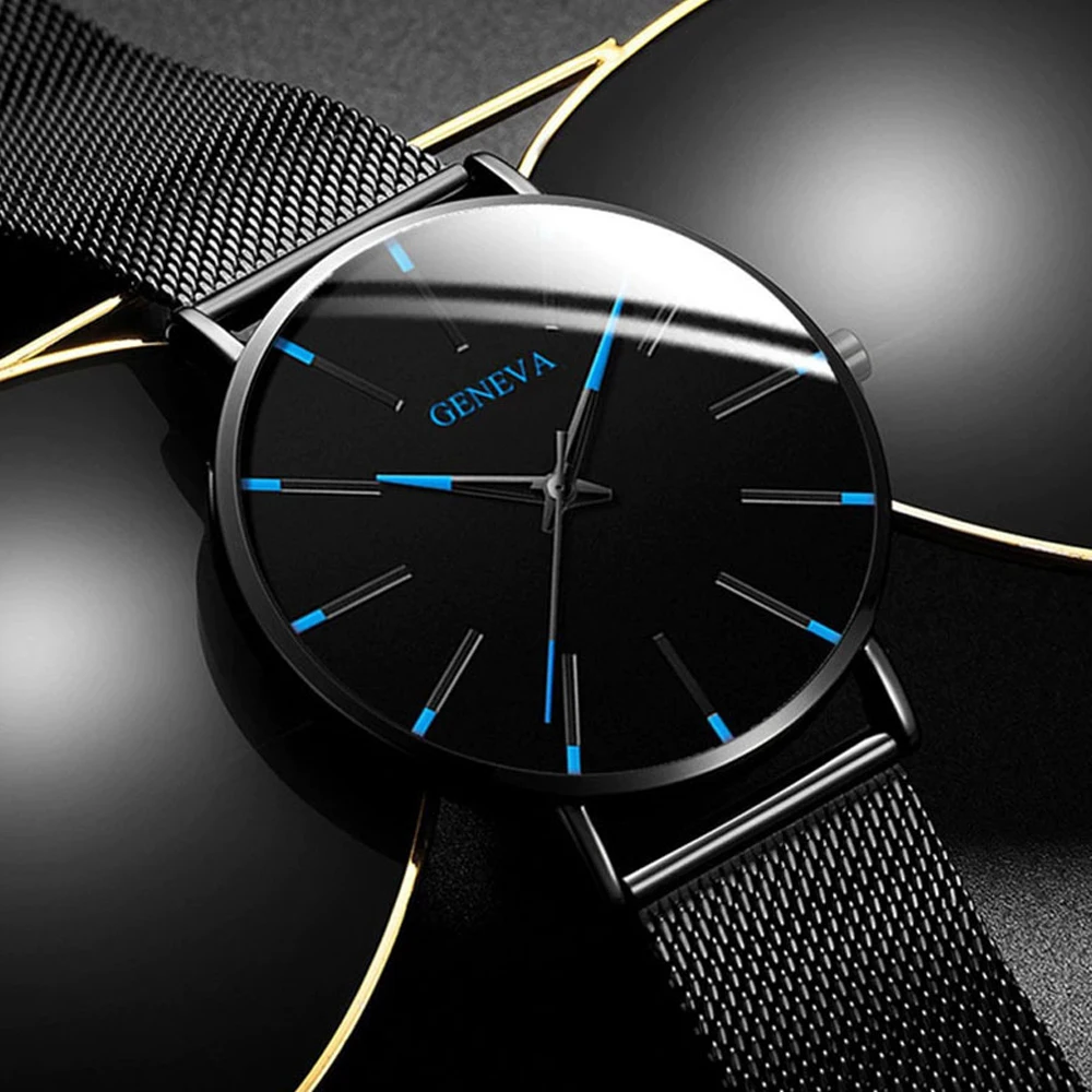 1PCS Geneva Men's Watch Fashion Blue Needle Quartz Watch Simple Business Mesh Belt Watch