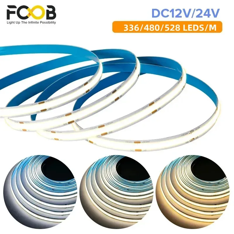 10m COB LED Strip 8/10mm 336 480 528 LED High Density Flexible FOB COB Strips RA90 2700k to 6000k White Linear Dimmable 12 24V